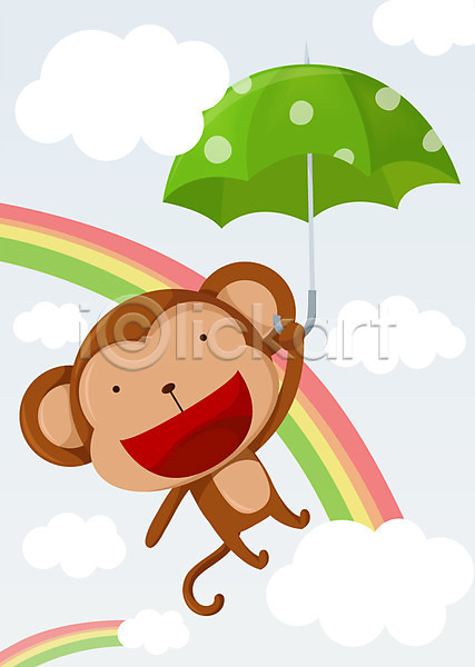 사람없음 EPS 일러스트 구름(자연) 동물 동물캐릭터 무지개 비행 세로 우산 원숭이 원숭이캐릭터 육지동물 척추동물 캐릭터 포유류 하늘