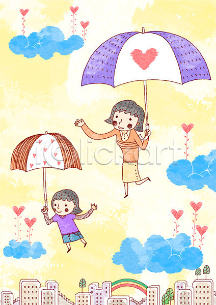 사랑 사회이슈 행복 희망 희망프로젝트 두명 사람 소녀(어린이) 어린이 여자 여자만 PSD 일러스트 건물 구름(자연) 나무 무지개 비행 빌딩 세로 엄마 우산 줄기 하트