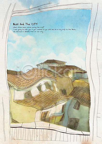 사람없음 PSD 라인일러스트 일러스트 건물 구름(자연) 그림 기하학 도시 마을 백그라운드 수채화(물감) 야외 연립주택 주택 지붕 풍경(경치) 하늘