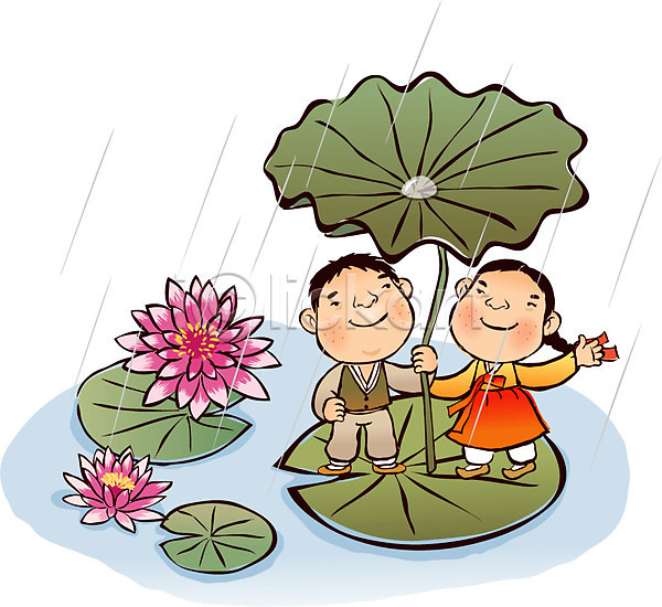 남자 두명 사람 여자 EPS 일러스트 계절 꽃 봄 비(날씨) 빗방울 빗줄기 식물 야외 연꽃(꽃) 연못 연잎 우수 전통의상 절기 한복