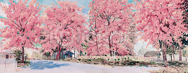 함께함 JPG 일러스트 포토 해외이미지 계절 그리기 그림 길가 꽃 마을 벚꽃 봄 분홍색 손 수채화(물감) 자연 체리 파란색 풍경(경치) 하늘 해외202008 해외포토