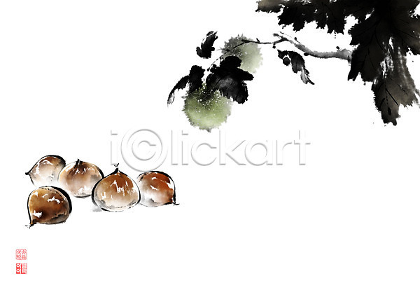 사람없음 PSD 일러스트 가을(계절) 견과류 나무 나뭇가지 낙관 동양화 밤(견과류) 밤나무 밤송이 번짐 붓터치 식물 열매 잎 캘리그라피