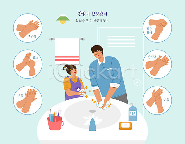 남자 두명 성인 어린이 여자 PSD 일러스트 건강 건강관리 매뉴얼 물비누 비누 상반신 세면대 손 손씻기 손씻기방법 수건 수도 칫솔 컵 화장실 환절기