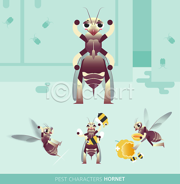 귀여움 폭력 사람없음 AI(파일형식) 일러스트 곤충캐릭터 공격적 꿀 꿀벌 말벌 민트색 세트 여러마리 캐릭터 해충