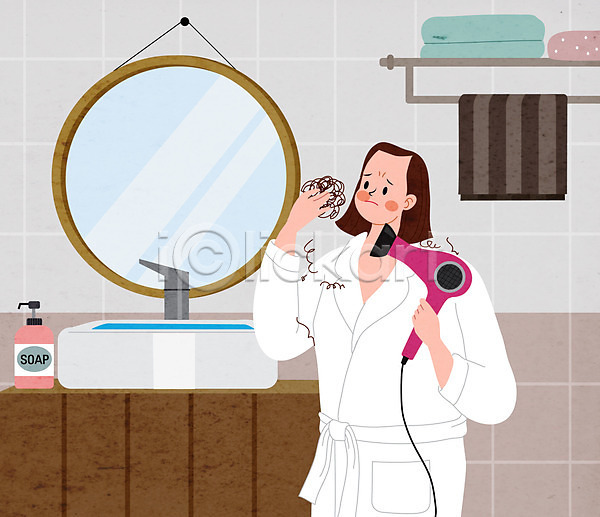 고민 성인 성인여자한명만 여자 한명 AI(파일형식) 일러스트 거울 드라이어 머리카락 목욕가운 상반신 욕실 탈모 헤어관리