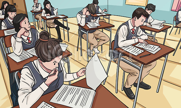 남자 십대만 여러명 여자 청소년 AI(파일형식) 일러스트 갈색 교복 수능 수능대비 수험생 연필 의자 전신 책상 학생
