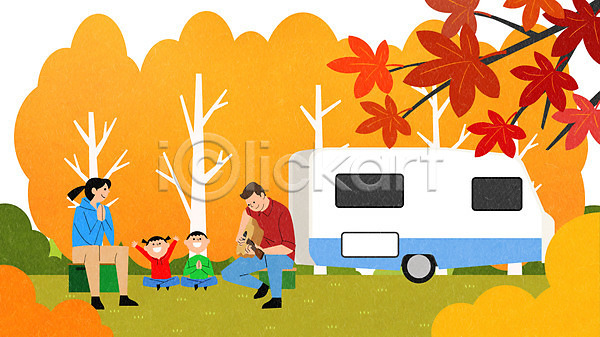 남자 성인 어린이 여러명 여자 PSD 일러스트 가을(계절) 가족 기타 노란색 단풍나무 모닥불 우드스토브 은행나무 전신 주황색 캠핑 캠핑카 텐트