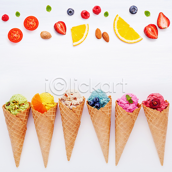 달콤 사람없음 JPG 포토 해외이미지 과일 딸기 방울토마토 아이스크림 오렌지 음식 젤라또 해외202009 흰배경