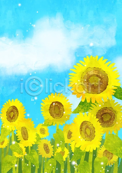 사람없음 PSD 일러스트 계절 구름(자연) 꽃 꽃밭 나뭇잎 노란색 백그라운드 사계절 식물 야외 여름(계절) 여름꽃 여름풍경 잎 자연 주간 줄기 풍경(경치) 하늘 해바라기