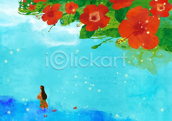 여자만 여자한명만 한명 PSD 일러스트 계절 꽃 꽃잎 바다 백그라운드 사계절 식물 여름(계절) 여름풍경 잎 자연 주황색 컬러 풍경(경치) 하와이무궁화