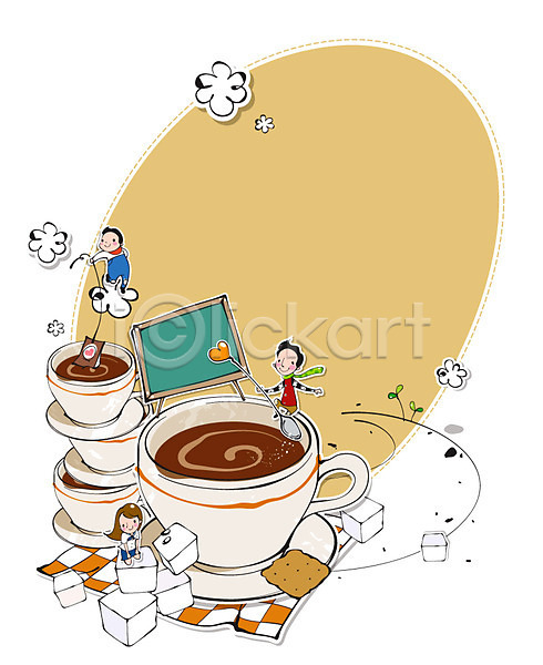 남자 사람 세명 여자 EPS 일러스트 각설탕(식품) 과자 구름(자연) 새싹 설탕 식물 알림판 잔 접시 찻잔 칠판 카페 커피 커피잔 쿠키