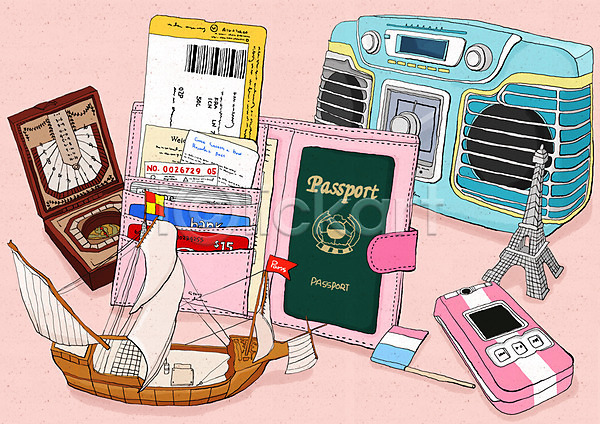 사람없음 PSD 일러스트 라디오 배(교통) 백그라운드 범선 에펠탑 여권 여행 여행용품 지갑 카세트 통신기기 함선 해외여행 핸드폰 휴가