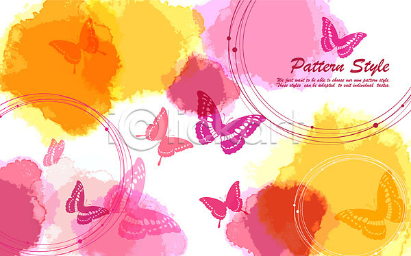 따뜻함 사람없음 EPS 일러스트 곤충 나비 나비문양 노란색 동물 디자인 물감 백그라운드 번짐 분홍색 붓터치 원형 자연 컬러 컬러풀 패턴