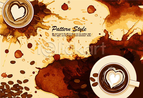 사람없음 EPS 일러스트 그릇 디자인 백그라운드 번짐 붓터치 얼룩 원두 잔 접시 카푸치노 커피 커피잔 컵 패턴 하트