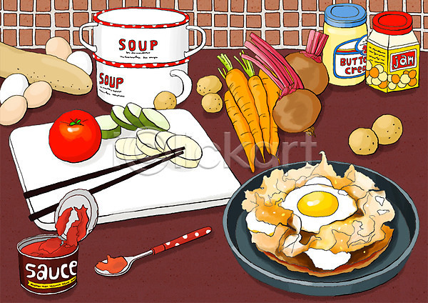 사람없음 PSD 라인일러스트 일러스트 감자 계란 계란프라이 그릇 당근 도마(주방용품) 레시피 버터 수저 수프 숟가락 식재료 양념 오이 요리 음식 잔 잼 접시 젓가락 찻잔 채소 컵 토마토
