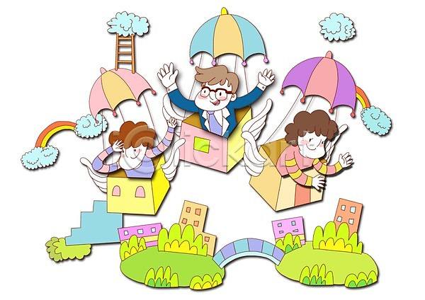 사랑 행복 남자 사람 세명 소년 어린이 어린이만 여자 PSD 일러스트 가족 가족라이프 건물 건축 건축물 교통시설 구름(자연) 날개(비행) 다리(건축물) 라이프스타일 무지개 미소(표정) 사다리 상자 우산 웃음