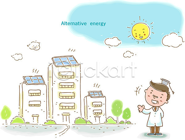 환경보전 20대 30대 남자 남자만 남자한명만 사람 성인 성인남자만 성인만 한명 EPS 일러스트 건물 건축 건축물 구름(자연) 그린에너지 그린캠페인 나무 미소(표정) 박사 식물 야외 에너지 에너지절약 웃음 자연보호 주간 태양 태양에너지 하늘 해