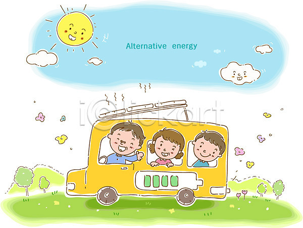 환경보전 20대 30대 남자 사람 성인 세명 소녀(어린이) 소년 어린이 여자 초등학생 EPS 일러스트 건전지 구름(자연) 그린에너지 그린캠페인 나무 미소(표정) 식물 야외 에너지 에너지절약 웃음 육상교통 자동차 자연보호 전기자동차 주간 태양 해