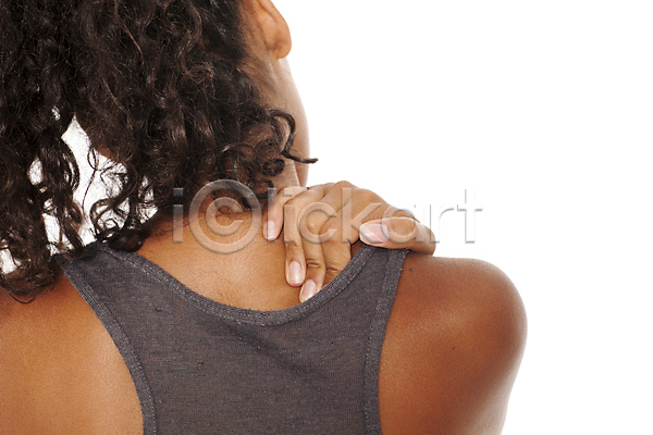 고통 성인 성인여자한명만 여자 한명 JPG 뒷모습 포토 해외이미지 상반신 실내 어깨 어깨통증 잡기 해외202009 흰배경