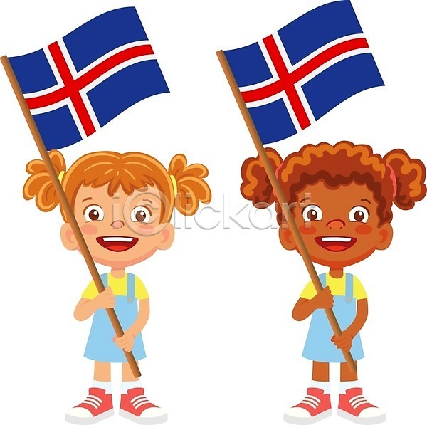 두명 소녀(어린이) 소녀만 어린이 여자 EPS 일러스트 해외이미지 국기 들기 무료이미지 아이슬란드 아이슬란드국기 전신 해외202009 해외202105