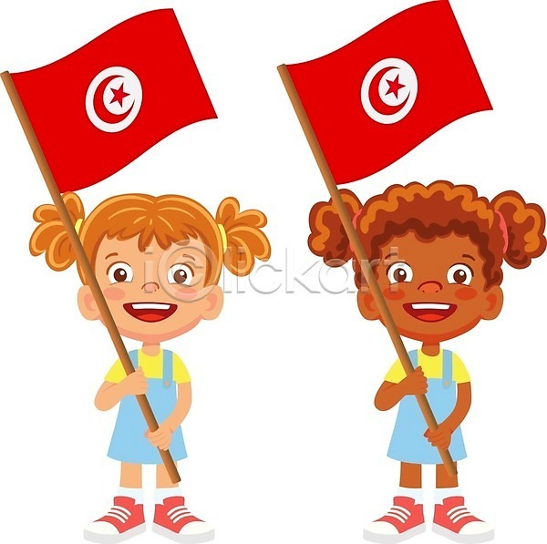 두명 소녀(어린이) 소녀만 어린이 여자 EPS 일러스트 해외이미지 국기 들기 전신 튀니지 해외202009