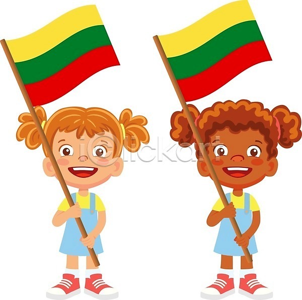 두명 소녀(어린이) 소녀만 어린이 여자 EPS 일러스트 해외이미지 국기 들기 리투아니아 리투아니아국기 전신 해외202009