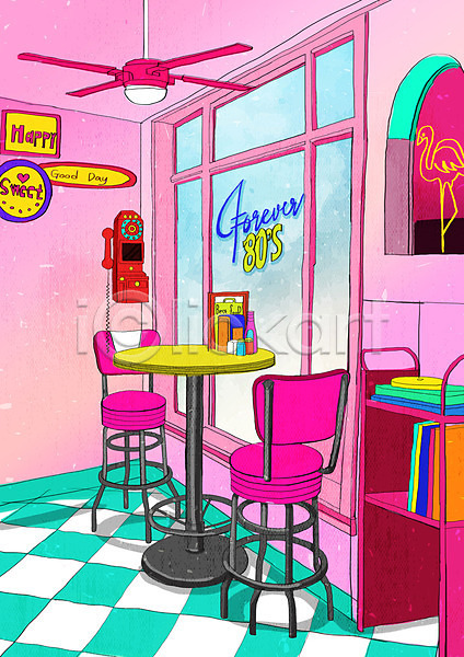 빈티지 사람없음 PSD 일러스트 뉴트로 백그라운드 복고 분홍색 의자 장식 창문 카페 컬러풀 키치 탁자