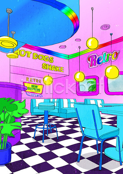 빈티지 사람없음 PSD 일러스트 뉴트로 백그라운드 복고 분홍색 의자 조명 창문 카페 컬러풀 키치 탁자 화분