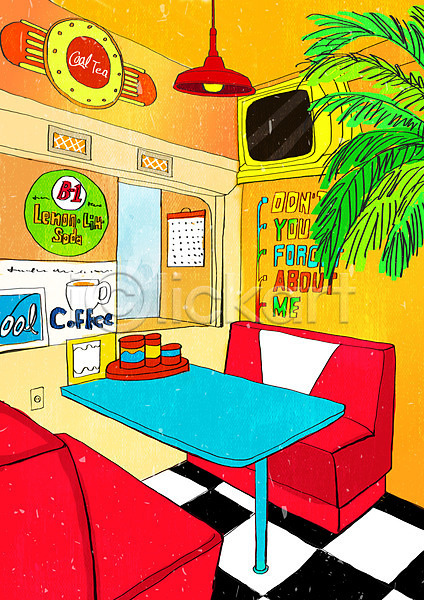 빈티지 사람없음 PSD 일러스트 뉴트로 백그라운드 복고 빨간색 의자 조명 창문 카페 컬러풀 키치 탁자 화분