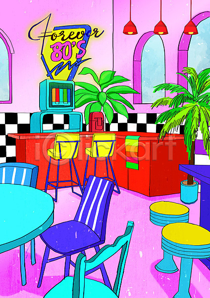 빈티지 사람없음 PSD 일러스트 뉴트로 백그라운드 복고 분홍색 빨간색 의자 조명 창문 카페 컬러풀 키치 탁자 화분