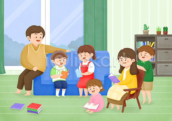 남자 성인 어린이 여러명 여자 PSD 일러스트 가족 거실 대가족 독서 딸 소파 아들 아빠 앉기 엄마 의자 전신 책 책장