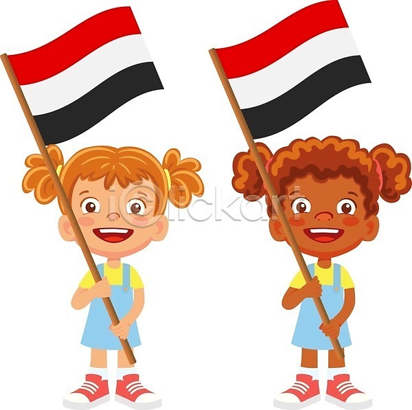 두명 소녀(어린이) 소녀만 어린이 여자 EPS 일러스트 해외이미지 국기 들기 예멘 예멘공화국 전신 해외202009