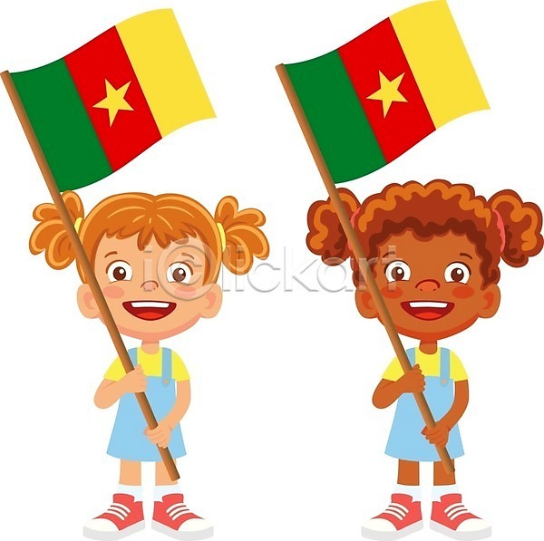 두명 소녀(어린이) 소녀만 어린이 여자 EPS 일러스트 해외이미지 국기 들기 전신 카메룬 카메룬국기 해외202009