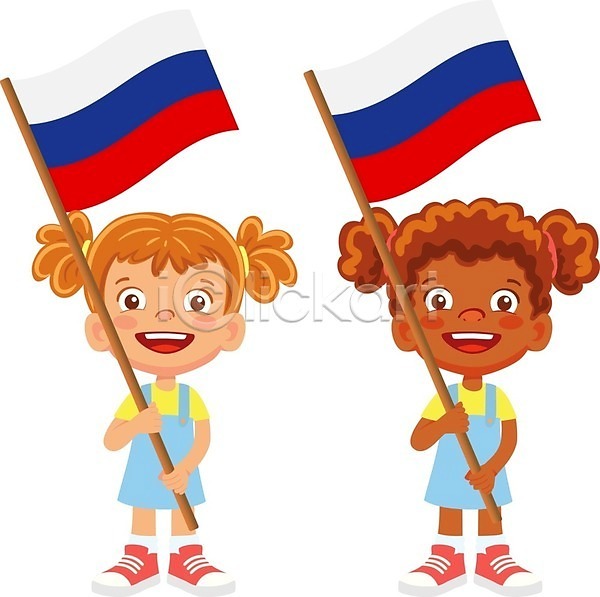두명 소녀(어린이) 소녀만 어린이 여자 EPS 일러스트 해외이미지 국기 들기 러시아 러시아국기 전신 해외202009