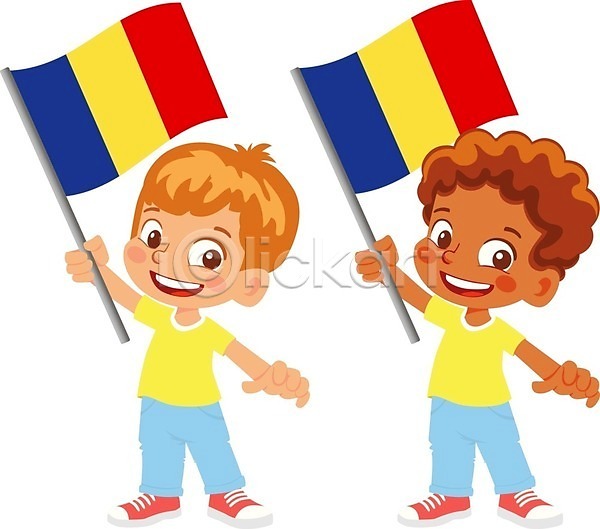 남자 두명 소년 소년만 어린이 EPS 일러스트 해외이미지 국기 들기 루마니아 전신 해외202009