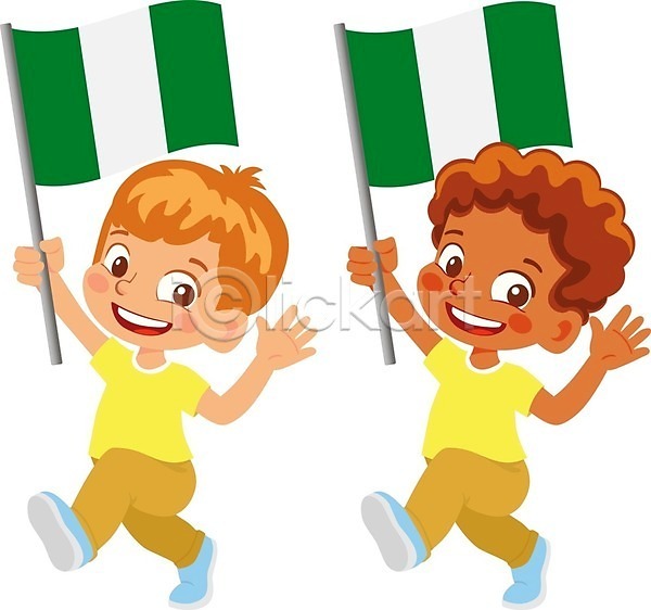 남자 두명 소년 소년만 어린이 EPS 일러스트 해외이미지 국기 나이지리아 나이지리아국기 들기 전신 캐릭터 해외202009