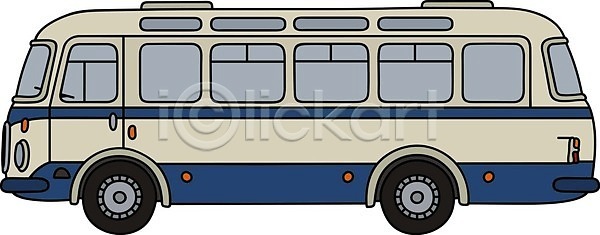 클래식 EPS 일러스트 해외이미지 교통시설 도로 도시 땅 만화 모터 버스 복고 선 승객 역 옛날 자동차 크림 파란색 해외202009 해외일러스트 흰색