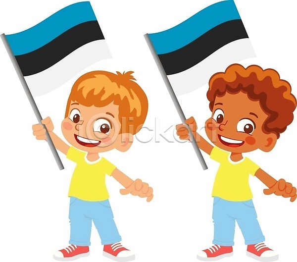 남자 두명 소년 소년만 어린이 EPS 일러스트 해외이미지 국기 들기 에스토니아 에스토니아국기 전신 해외202009