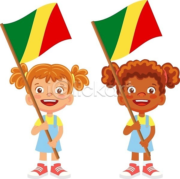 두명 소녀(어린이) 소녀만 어린이 여자 EPS 일러스트 해외이미지 국기 들기 전신 콩고 콩고국기 해외202009