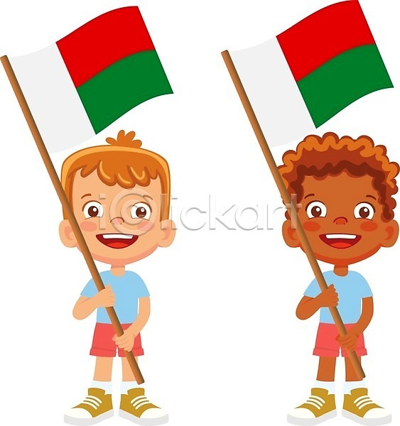 남자 두명 소년 소년만 어린이 EPS 일러스트 해외이미지 국기 들기 마다가스카르 전신 해외202009