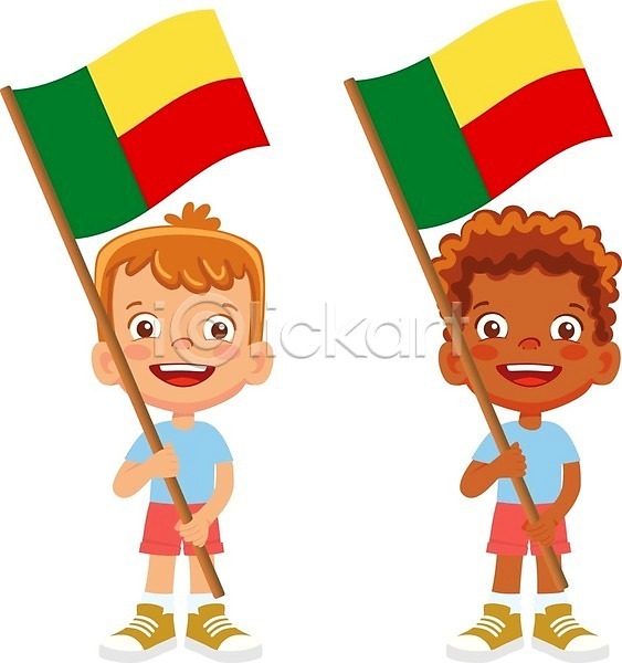남자 두명 소년 소년만 어린이 EPS 일러스트 해외이미지 국기 들기 베냉 베냉국기 전신 해외202009