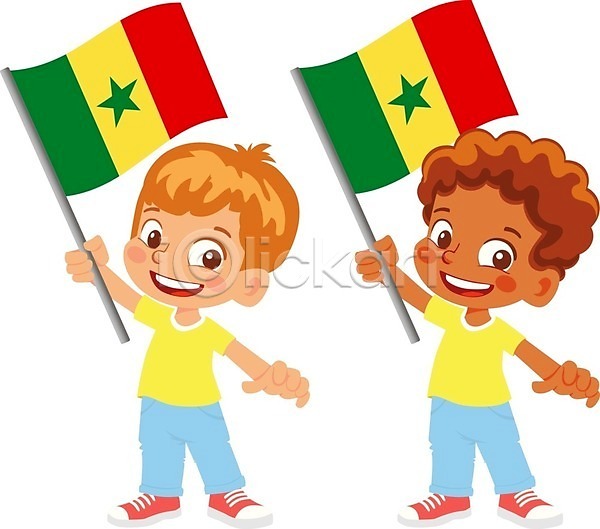 남자 두명 소년 소년만 어린이 EPS 일러스트 해외이미지 국기 들기 세네갈 세네갈국기 전신 해외202009