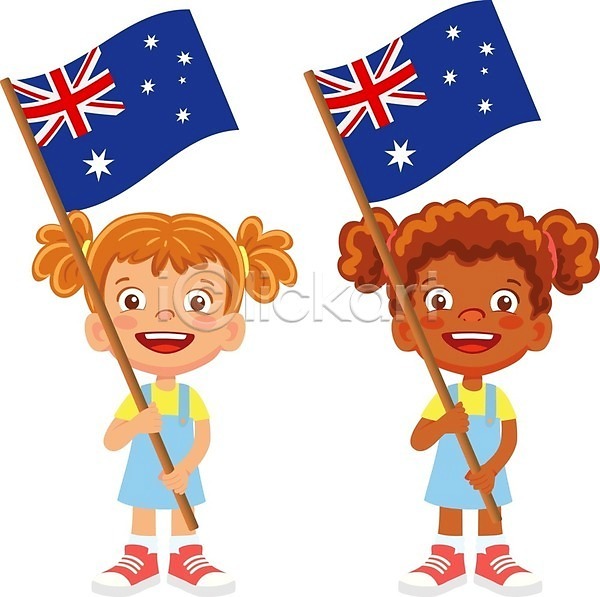 두명 소녀(어린이) 소녀만 어린이 여자 EPS 일러스트 해외이미지 국기 들기 전신 해외202009 호주 호주국기