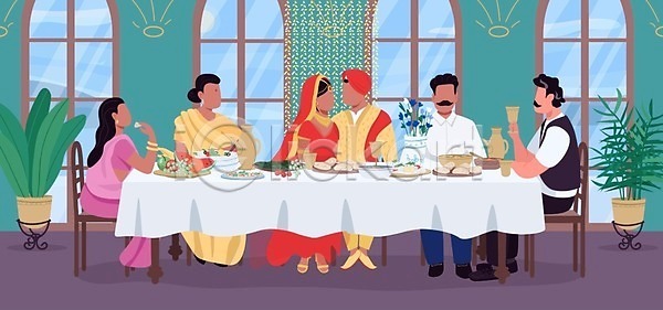 남자 성인 성인만 여러명 여자 인도인 EPS 일러스트 해외이미지 결혼 결혼식 들기 마주보기 문화 부부 식탁 앉기 음식 의자 인도문화 인도의상 잔 전신 전통 전통의상 창문 해외202009 화분
