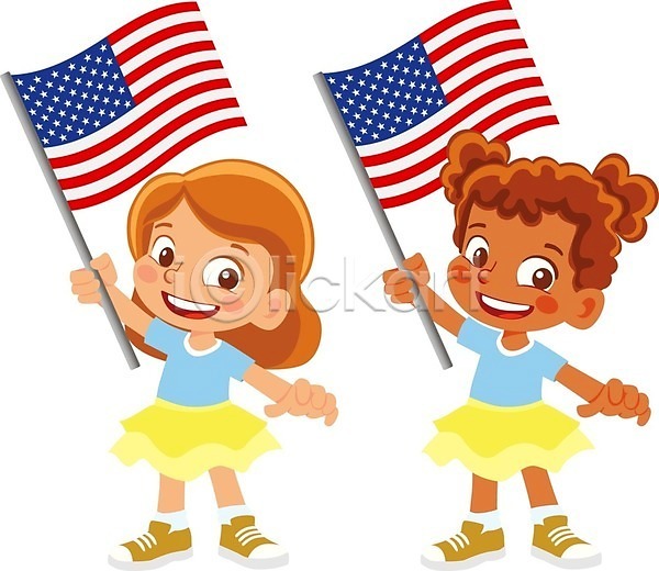 두명 소녀(어린이) 소녀만 어린이 여자 EPS 일러스트 해외이미지 국기 들기 미국 성조기 전신 캐릭터 해외202009