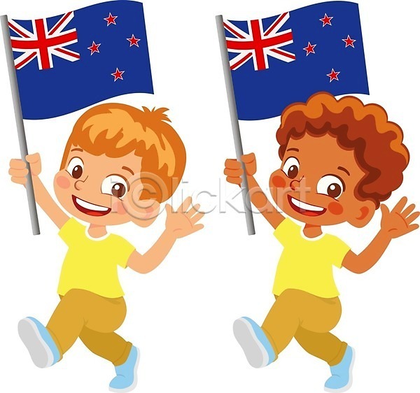 남자 두명 소년 소년만 어린이 EPS 일러스트 해외이미지 국기 뉴질랜드 뉴질랜드국기 들기 전신 캐릭터 해외202009