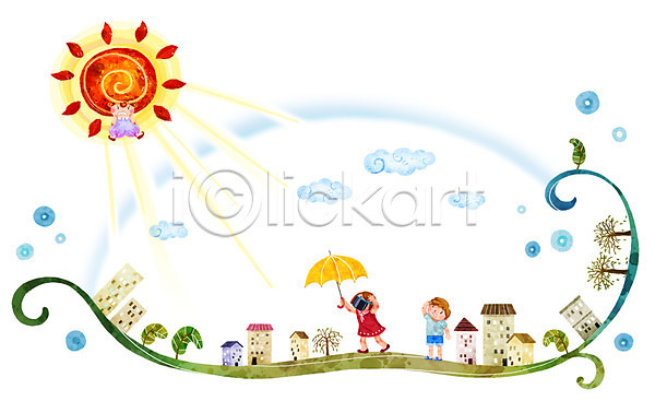 남자 두명 사람 소녀(어린이) 소년 어린이 어린이만 여자 초등학생 PSD 일러스트 건물 건축 건축물 구름(자연) 나무 날씨 더위 백그라운드 식물 양산 우산 자외선 주택 태양 해 햇빛