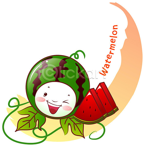 사람없음 EPS 일러스트 과일 과일캐릭터 농작물 덩굴 수박 수박캐릭터 식물캐릭터 알파벳 잎 조각 조각(피스) 초록색 캐릭터