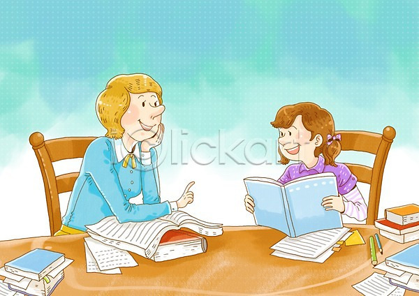두명 사람 성인 소녀(어린이) 어린이 여자 여자만 PSD 일러스트 교사 교육 미소(표정) 수업 어린이교육 연필 웃음 의자 종이 지도 책 탁자