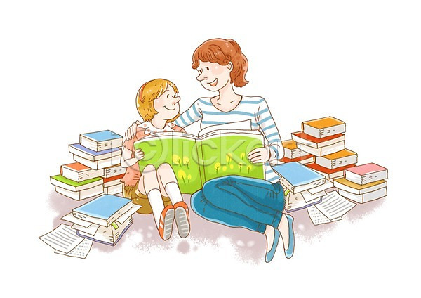두명 사람 성인 소녀(어린이) 어린이 여자 여자만 PSD 일러스트 교사 교육 독서 독서교육 미소(표정) 어린이교육 웃음 지도 책 학생